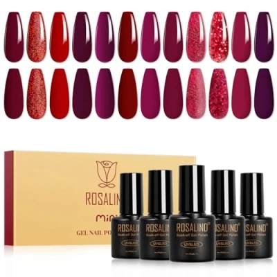Abbildung von ROSALIND UV Nagellack Rot, 12 Farben Rot Dunkelrot Burgunder Weinrot Vampir Rottöne Glitzer Gel Nagellack, Valentinstag Shellac Soak Off Set für Gelnägel Nail Art Maniküre Geschenkset