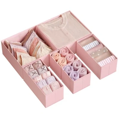 Abbildung von SONGMICS Aufbewahrungsbox für Schublade, 6er Set, Schubladen Organizer, Faltbox, Unterwäsche Stoffbox Socken, Unterwäsche, BHs, Krawatten und Schals, pastellrosa RDZ06PK