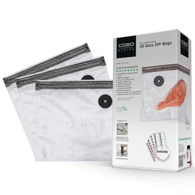 Abbildung von CASO Vacu ZIP Bags 26x23 cm, 20 Beutel, SousVide geeignet, BPA Frei, mit 150 µm besonders stark, reißfest, wiederverwendbar, für (Hand) Vakuumierer Adapter, inkl. Food Manager Sticker
