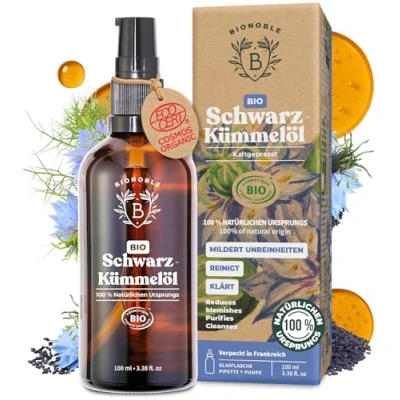 Abbildung von Bionoble Schwarzkümmelöl Bio 100ml Glasflasche + Pipette Pumpe 100% Kaltgepresst Ungefiltert Gesicht, Körper, Haare Ägyptisches Schwarzkümmel Öl Vegan Organic Black Seed Oil