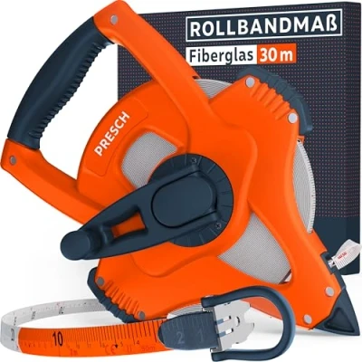 Abbildung von Presch Maßband 30m Robustes Bandmaß mit 3:1 Getriebe für schnellen Rücklauf Witterungsbeständiges Fiberglas Rollbandmaß Perfekter Halt dank Kurbelarretierung &amp; Multifunktionshaken