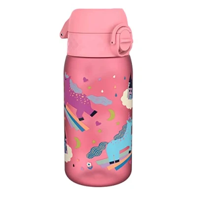 Abbildung von ion8 Kinder Trinkflasche, 350ml, Auslaufsicher, Einhandöffnung, Sichere Verriegelung, Spülmaschinenfest, BPA frei, Tragegriff, Klappdeckel, Leicht zu Reinigen, Klimaneutral, Einhörner Design