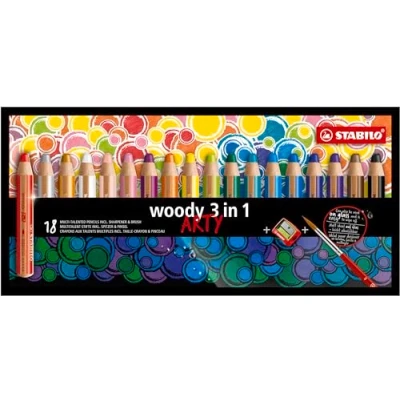 Abbildung von Buntstift, Wasserfarbe &amp; Wachsmalkreide STABILO woody 3 in 1 ARTY 18er Pack mit Spitzer und Pinsel 18 verschiedenen Farben