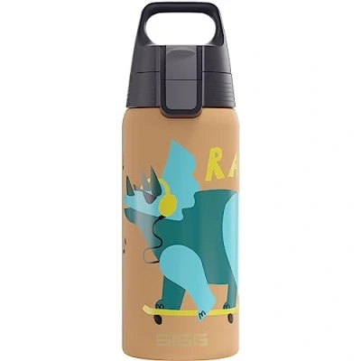Abbildung von SIGG Isolierte Trinkflasche Kinder Shield Therm One Rawsome Kohlensäuregeeignet Auslaufsicher Spülmaschinenfest BPA frei 90% recycelter Edelstahl Sandbraun mit Dinosaurier 0,5L
