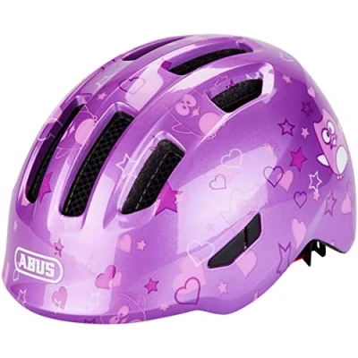Abbildung von ABUS Kinderhelm Smiley 3.0 Fahrradhelm mit tiefer Passform, kindergerechten Designs &amp; Platz für einen Zopf Mädchen und Jungs Violett Eulen Muster, Größe M