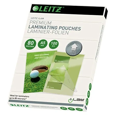 Abbildung von Leitz Heißlaminierfolien A5 80 mic, Laminierfolien in Premium Qualität im 100er Pack, Glänzend, Transparent, Vereinfachtes Einlegen durch UDT, iLAM, 74920000