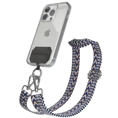 Abbildung von EAZY CASE Handykette Universal zum Umhängen kompatibel mit jedem Handy Kette Hülle kombinierbar Handykordel Karabiner für Handyhülle Handyband Bunt Boho Kordel Weiß Blau Silber
