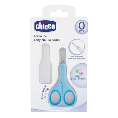 Abbildung von Chicco Nagelschere für Babys und Kinder, Edelstahl Babyschere mit gebogenen Klingen abgerundeten Spitzen, Schutzhülle, rutschfester Gummigriff Babyzubehör Neugeborene ab 0 Monaten