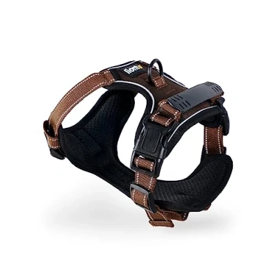 Abbildung von lionto Hundegeschirr gepolstert aus weichem Nylon, Größe S, reflektierendes Anti Zug Geschirr für Hunde mit 2 Ringen &amp; 4 Einstellgurten, Zwei Klickverschlüsse gummierter Griff am Rücken, braun