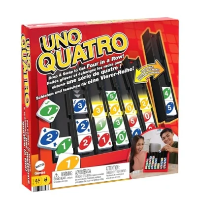 Abbildung von Mattel Games Uno Quatro, Steine nach Farben oder Zahlen sortieren, mit Aktionssteinen, Perfekt als Kinderspiel, Reisespiel Gesellschaftsspiel, ab 7 Jahre, HPF82