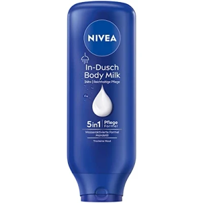 Abbildung von NIVEA In Dusch Body Milk (400 ml), Körpercreme mit Mandel Öl und wasseraktivierter 5in1 Pflege Formel, feuchtigkeitsspendende Lotion für die Dusche