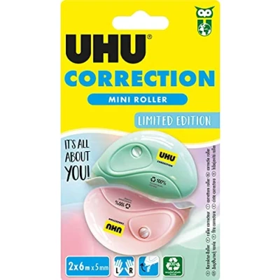 Abbildung von UHU Korrekturroller Pastell Mini Korrekturband schnell, sauber und präzise, weiß, 2 Stück je 6 m x 5 mm