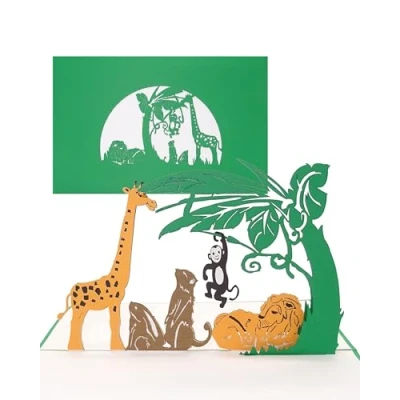 Abbildung von 3D Pop Up Karte Tiere im Zoo Geburtstagskarte, Einladungskarte, Gutschein Kindergeburtstag mit Löwe, Giraffe &amp; Affe