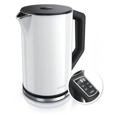 Abbildung von Arendo Edelstahl Wasserkocher mit Temperatureinstellung 40 100 Grad in 5er Schritten Doppelwand Design Modell ELEGANT 1,5 Liter 2200 W Teekocher Temperaturanzeige GS Weiß