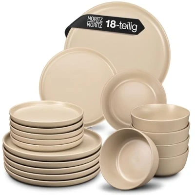 Abbildung von Moritz &amp; NORDIC Geschirrset 6 Personen 18 teilig Taupe Elegantes Teller Set aus hochwertigem Steinzeug Geschirr 6x Dinnerteller, Dessertteller, Suppenteller
