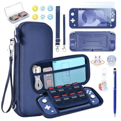 Abbildung von innoAura Switch Lite Hülle 17 in 1 Zubehör mit Tasche, Spiele Aufbewahrung, Schutzfolie für Lite, Ständer, Joystick Kappen(Blau)