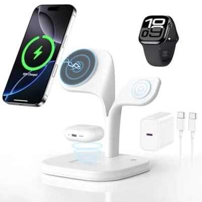 Abbildung von 3 in 1 Ladestation für Apple Watch und iPhone mit Magsafe Ladegerät Magnetisch 16 15 14 13 12, 10 9 8 7 6 5 4 2 SE Ultra 2, AirPods Pro 2(Mit 20W Netzteil)