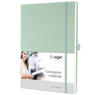 Abbildung von SIGEL CO681 Premium Notizbuch liniert, A4, Hardcover, grün, aus nachhaltigem Papier, Conceptum mit Seitenzahlen, Inhaltsverzeichnis, Stiftschlaufe, Falttasche