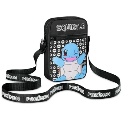 Abbildung von Pokemon Kinder Umhängetasche, Pikachu Reisetasche mit Verstellbarer Schultergurt, Großes Hauptfach Reißverschluss Geschenke (Schwarz Squirtle)