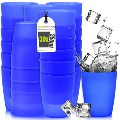 Abbildung von idea station NEO Plastikbecher 30 x 250 ml blau bruchsichere Trinkbecher Kinder wiederverwendbare Becher aus Plastik perfekt für Party, Outdoor, Camping