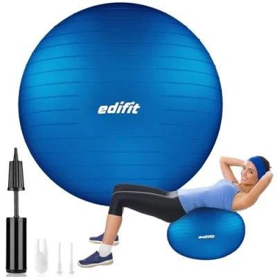 Abbildung von EDIFIT, Gymnastikball, 55, 65 und 75, Pezziball, Einschließlich Inflator, Pilates Ball, Sitzball, Pilates, Yoga Gymnastik (75 cm, Blau)
