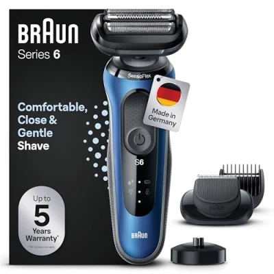 Abbildung von Braun Series 6 Elektrorasierer mit EasyClick Barttrimmer Aufsatz, SensoFlex Rasierer Herren Elektrisch, Ladestation, Wet &amp; Dry, Geschenk Mann, Made in Germany, 61 B4500cs, blau