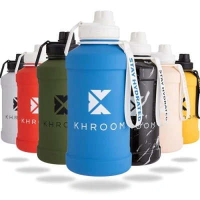 Abbildung von Khroom Edelstahl Trinkflasche 1,3L &amp; 2,2L Kohlensäure geeignet, auslaufsicher, spülmaschinenfest, einwandig, BPA frei Metall 1 Liter Wasserflasche Fitness Sportflasche Blau
