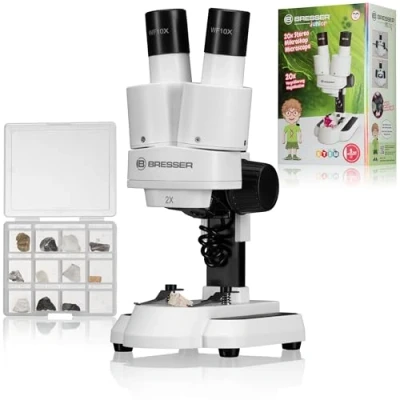 Abbildung von Bresser Junior Stereo 3D Mikroskop ICD Pro mit 20x und 50x Vergrößerung für Kinder Erwachsene die Beobachtung von Steinen, Münzen, Insekten vielem mehr, /