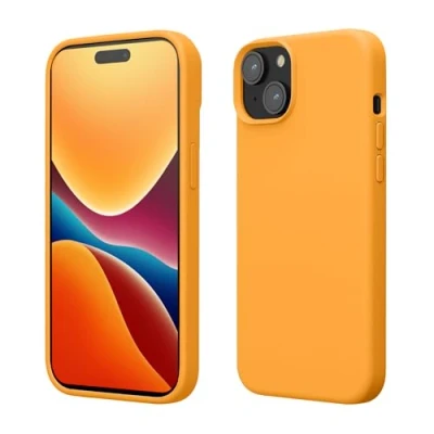 Abbildung von kwmobile Hülle für das iPhone 15 Silikon Handy Case stoßfeste Handyhülle mit weicher Oberfläche Fruity Orange
