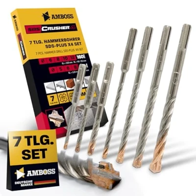 Abbildung von SDS+ Hammerbohrer Set 7tlg. 4X Schneiden PGM Ø 5 12mm x 110/160mm AMBOSS Werkzeuge SDS Crusher 4 HM Betonbohrer Hartmetall Profi Bohrer Stahlbeton Steinbohrer Beton Mauerwerk Kalksandstein