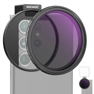 Abbildung von Neewer 67 mm Variables ND2 ND32 Handy Objektivfilter Set, Clip mit Gewindeadapterring/Kaltschuh/Verriegelungsknopf, HD Variabler ND Filter für iPhone 15 Pro Max 14 13 Galaxy S22 S23 S24 Ultra