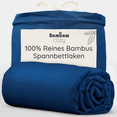 Abbildung von Bettlaken Marineblau Spannbetttuch 160x200 cm Bambus Stoff Kühlendes Laken Weiches Spannbettlaken Allergiker Bettwäsche Besser Schlafen Bambaw