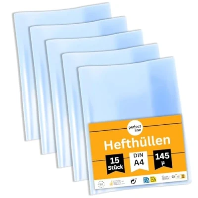 Abbildung von perfect line 15 Hefthüllen DIN A4, Glas Klar &amp; Extra Stark, Heftumschlag transparent, Heftschoner aus recyclebarem PP, dokumentenecht
