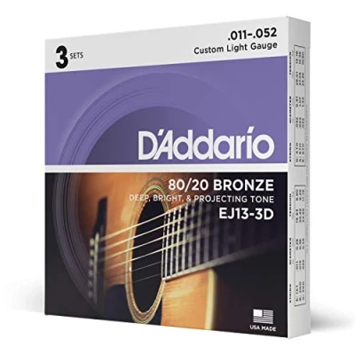 Abbildung von D&#039;Addario Gitarrensaiten Westerngitarre 80/20 Phosphor Bronze Akustikgitarre Acoustic Guitar Strings EJ13 3D Custom Light, 11 52 3 Stück