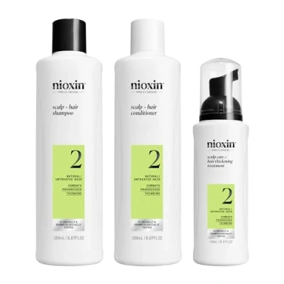 Abbildung von Nioxin Scalp + Hair Kit System 2 Haarpflege für naturbelassenes, sichtbar dünner werdendes Haar Shampoo, Conditioner &amp; Treatment (150+150+40 ml)