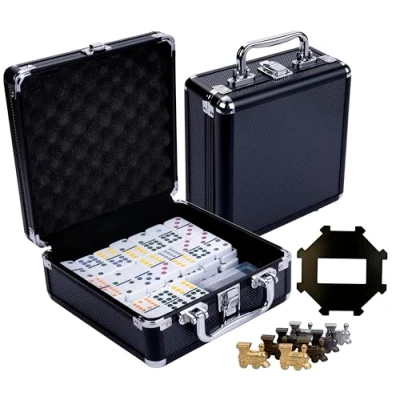 Abbildung von Engelhart 250161 Domino Mexican Train Double 12 in einem schwarzen Aluminiumkoffer. Spiel mit 91 Steinen, 8 Zügen aus Metall und Bahnhof Kunststoff
