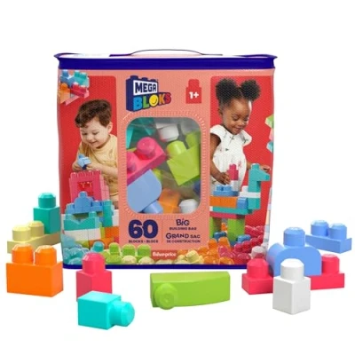 Abbildung von Mega Bloks Großer Bausteinebeutel 60 robuste Bausteine mit wiederverwendbarem Aufbewahrungsbeutel, fördert Kreativität und Feinmotorik, für Kinder ab 1 Jahr, DCH54