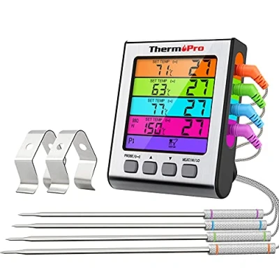 Abbildung von ThermoPro TP17H Digitales Grill Thermometer Bratenthermometer Fleischthermometer Ofenthermometer mit 4 Edelstahlsonden, Blaue Hinterbeleuchtung, Temperaturbereich bis 300C