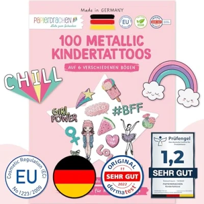 Abbildung von Papierdrachen 100 Metallic Tattoos für Kinder Hautfreundliche Kindertattoos Pop Art als Geburtstagsmitgebsel &amp; Geschenkidee Jungen und Mädchen in Deutschland hergestellt