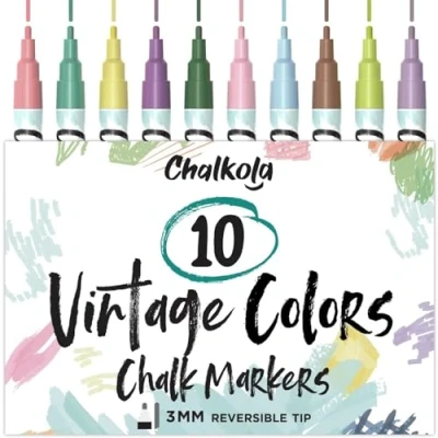 Abbildung von Chalkola Vintage Kreidestifte für Tafel Abwaschbar 10 Kreidemarker Pastell 3mm Umkehrbare Spitze Kreide Stift Fenster, und als Glasstift. Chalk markers Erwachsene &amp; Kinder
