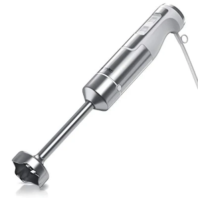 Abbildung von Arendo 1000W Stabmixer Edelstahl Pürierstab Mixer vierflügeliges Messer stufenlose Geschwindigkeitsregelung Turbotaste Kraftvoller 1000 Watt Motor GS mit Messbecher Weiß