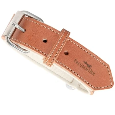 Abbildung von FREUDENTIER® Hundehalsband aus Leder, Made in Holland, gefüttert &amp; super komfortabel, hochwertiges breites Lederhalsband Vollnarbenleder, Model “Amstelpark (47 57cm Halsumfang, Cognac)
