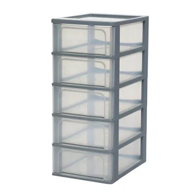 Abbildung von Iris Ohyama, Kunststoff Schubladenbox mit 5 flachen Schubladen, Grau, Easy Pull System, A4, A5 &amp; A6 Format, Schreibtisch Organizer für Büro, Schule, Schreibwaren, BPA frei, Schubladenschrank,
