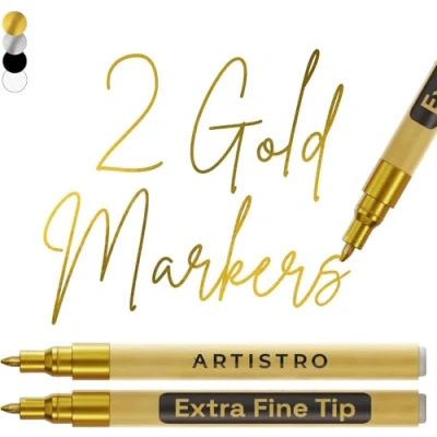 Abbildung von Artistro 2 goldene Acrylfarbstifte für Steinmalerei, Keramik, Holz, Glas, Metall, Kunststoff, 0,7 mm extra feine Spitze, ideal zum Beschriften von Bastelarbeiten, Kunstprojekten