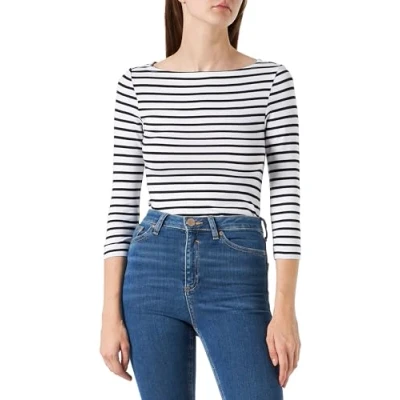 Abbildung von Amazon Essentials Damen T Shirt mit Bateau Ausschnitt und 3/4 Ärmeln in schmaler Passform, Weiß Streifen, M
