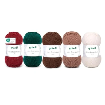 Abbildung von Gründl Wolle Lisa Premium uni 5 x 50 g Mix Strickgarn Häkelgarn 100% Polyacryl Superweich und Pflegeleicht Weiß Braun Bordeaux Grün