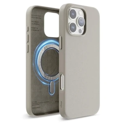 Abbildung von elago Magnetisch Leder Hülle Kompatibel mit iPhone 16 Pro Max 6,9 Zoll, Allen MagSafe Zubehör, Eingebaute Magnete, Veganes Leder, Stöße, Wasserfest (Hellgrau)