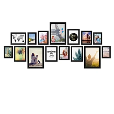 Abbildung von PHOTOLINI Bilderrahmen Set Schwarz MDF Holz, breite Rahmen, 15er Rahmenset, modern, bruchsicheres Acrylglas, zum Aufhängen, extra Zubehör für Ihre stilvolle Wanddekoration