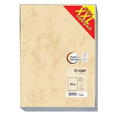 Abbildung von SIGEL T1081 Hochwertiges Marmor Papier A4 beige (250 Blatt, 90 g) beidseitig marmoriert, Briefpapier, Speisekarte, XXL Superpack wie DP372