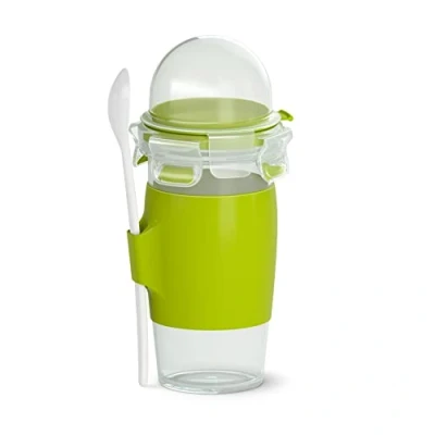 Abbildung von Emsa Clip &amp; Go Yoghurtbecher, 0,45 L, rund, inklusive Löffel und Topping Fach, 100 Prozent dicht, mit Frischedichtung, Transparent, Hellgrün, Made in Germany, N10714